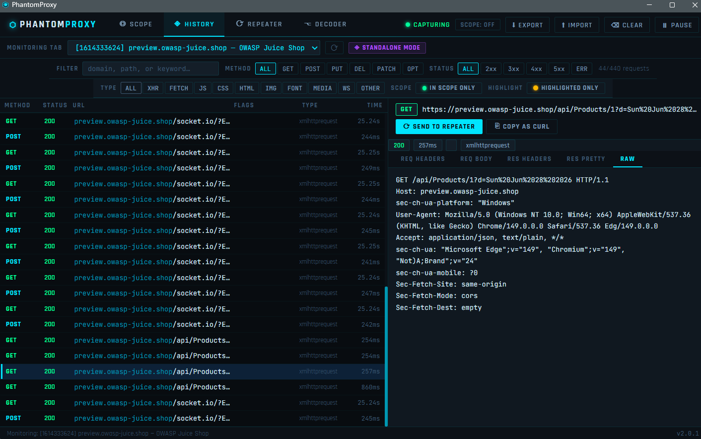PhantomProxy History Tab